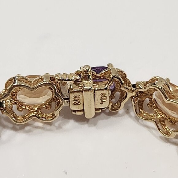 14K Solid Yellow Gold Multicolored Stone Flower Design Bracelet 7" - Picture 8 of 9